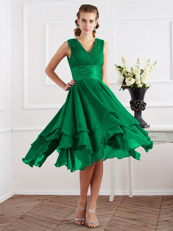 A-Line/Princess V-neck Short Sleeves Pleats Short Chiffon Bridesmaid Dresses Prom Dress