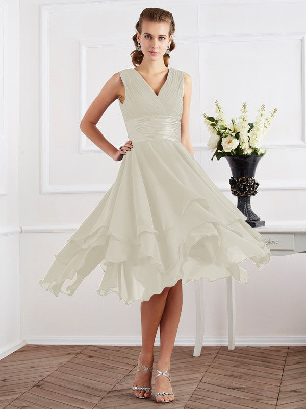 A-Line/Princess V-neck Short Sleeves Pleats Short Chiffon Bridesmaid Dresses Prom Dress
