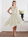 A-Line/Princess V-neck Short Sleeves Pleats Short Chiffon Bridesmaid Dresses Prom Dress