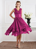 A-Line/Princess V-neck Short Sleeves Pleats Short Chiffon Bridesmaid Dresses Prom Dress