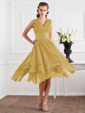 A-Line/Princess V-neck Short Sleeves Pleats Short Chiffon Bridesmaid Dresses Prom Dress