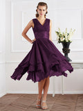 A-Line/Princess V-neck Short Sleeves Pleats Short Chiffon Bridesmaid Dresses Prom Dress