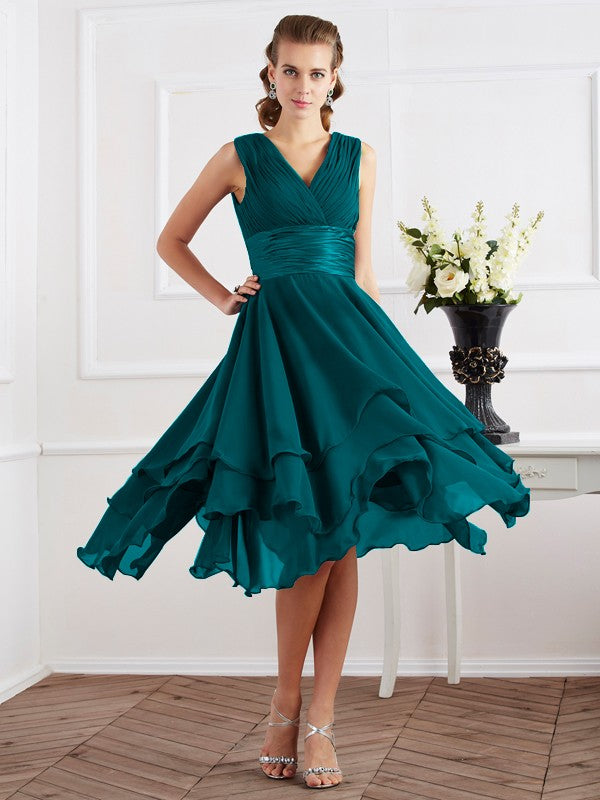 A-Line/Princess V-neck Short Sleeves Pleats Short Chiffon Bridesmaid Dresses Prom Dress