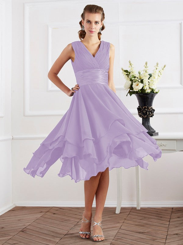 A-Line/Princess V-neck Short Sleeves Pleats Short Chiffon Bridesmaid Dresses Prom Dress