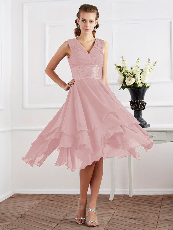 A-Line/Princess V-neck Short Sleeves Pleats Short Chiffon Bridesmaid Dresses Prom Dress