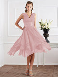 A-Line/Princess V-neck Short Sleeves Pleats Short Chiffon Bridesmaid Dresses Prom Dress