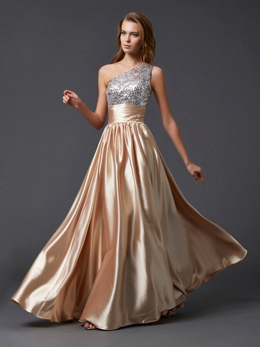 Vestido de noche de fiesta con lentejuelas, corte A/princesa, un hombro, sin mangas, largo, satinado, efecto seda