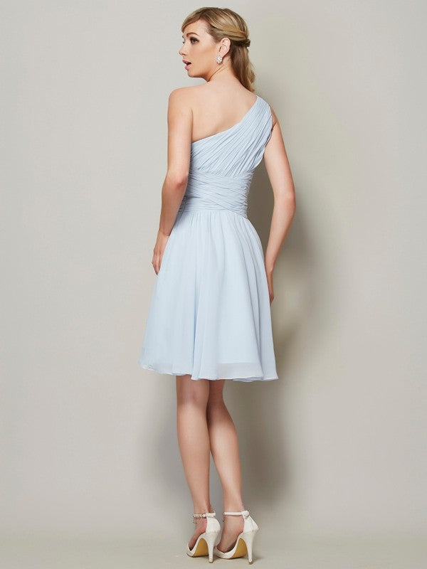 Vestido de dama de honor de gasa corto fruncido, sin mangas, corte A/princesa, con un solo hombro, para invitada de boda y fiesta
