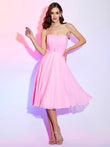 Vestido de dama de honor de gasa, corto, sin tirantes, con pliegues, corte A/princesa, para invitada de boda y fiesta