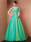 Ballkleid Off the Shoulder Ärmellos Perlenbesetzt Lang Satin Tüll Quinceanera Kleider Ballkleid Ballkleider