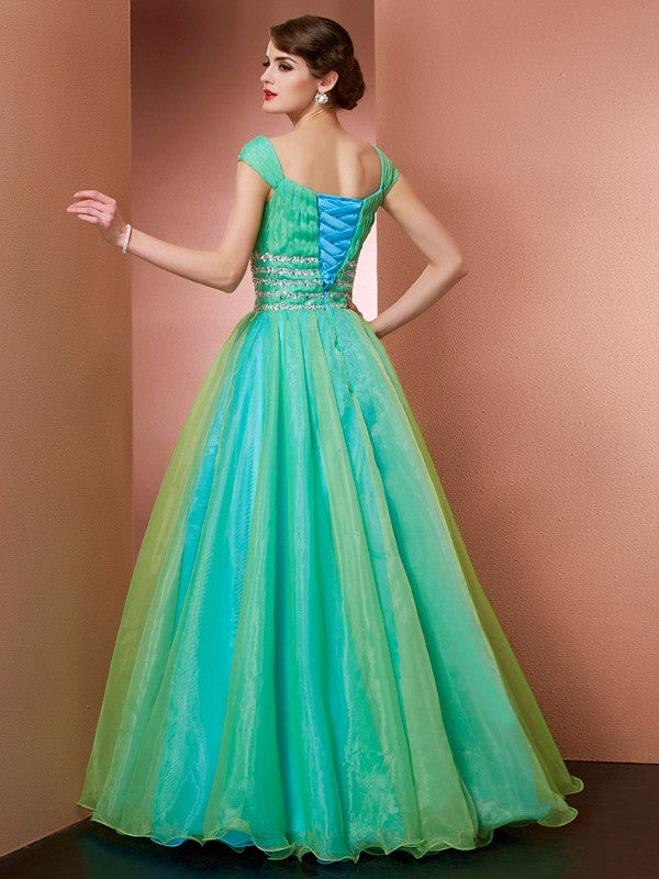 Ballkleid Off the Shoulder Ärmellos Perlenbesetzt Lang Satin Tüll Quinceanera Kleider Ballkleid Ballkleider