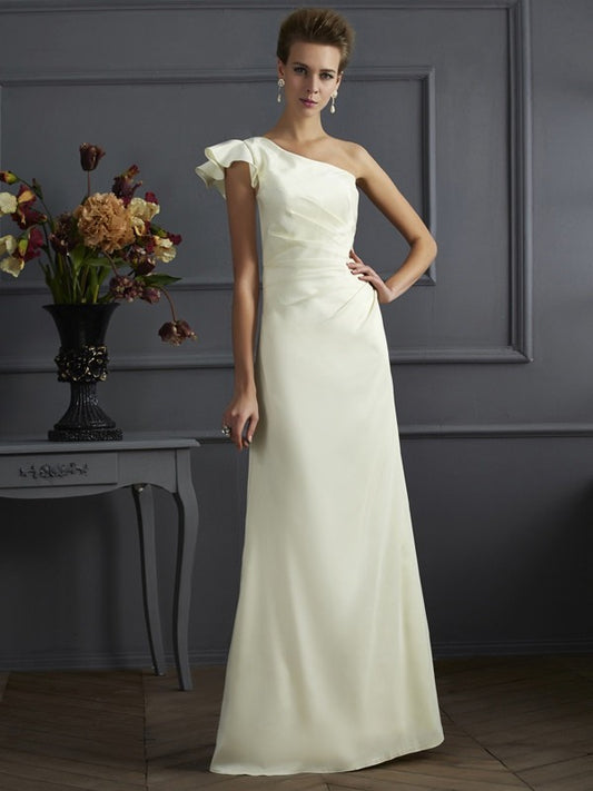 Sheath/Column One-Shoulder Sleeveless Pleats Long Silk like Satin Bridesmaid Dresses Evening Prom Dress