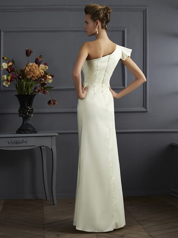 Sheath/Column One-Shoulder Sleeveless Pleats Long Silk like Satin Bridesmaid Dresses Evening Prom Dress