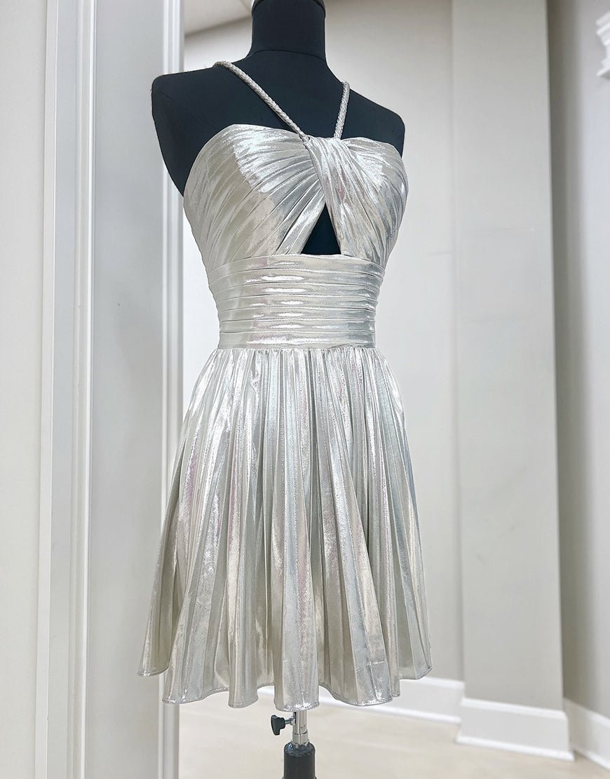 Gloden A-Line Metallic Spaghetti Strap Pleated Homecoming Dress