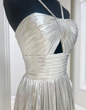 Gloden A-Line Metallic Spaghetti Strap Pleated Homecoming Dress