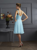 Vestido de dama de honor de gasa, corte A/princesa, escote en V, sin mangas, plisado, corto, para invitada de boda