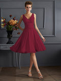 Vestido de dama de honor de gasa, corte A/princesa, escote en V, sin mangas, plisado, corto, para invitada de boda