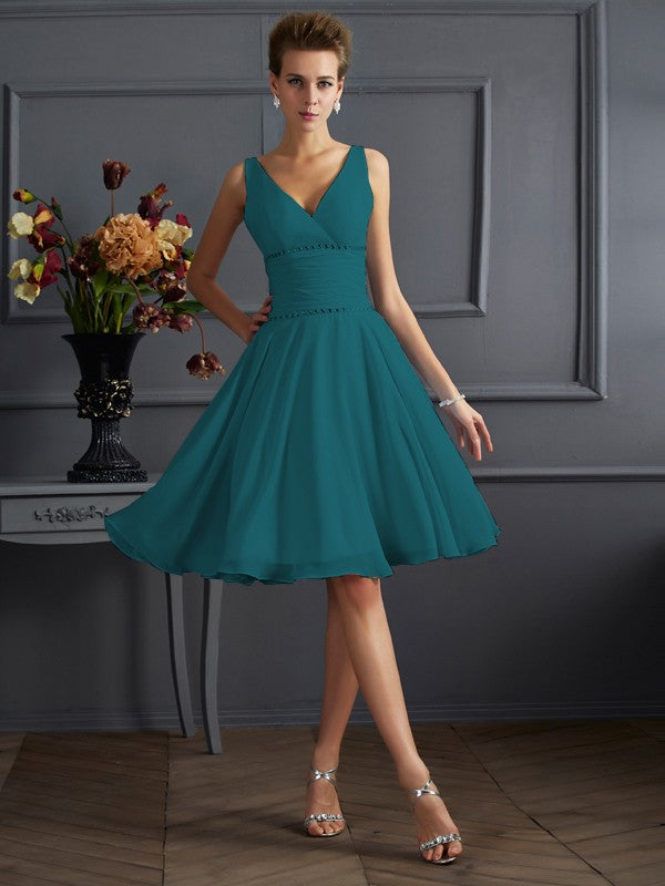 Vestido de dama de honor de gasa, corte A/princesa, escote en V, sin mangas, plisado, corto, para invitada de boda
