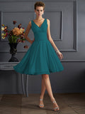 Vestido de dama de honor de gasa, corte A/princesa, escote en V, sin mangas, plisado, corto, para invitada de boda