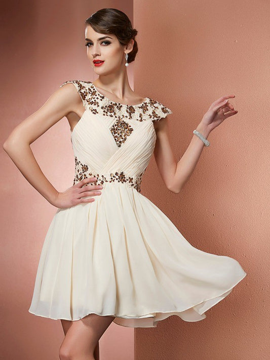 A-Linie/Princess-Linie U-Ausschnitt Ärmellos Perlenstickerei Applikationen Kurz Chiffon Brautjungfernkleider Homecoming Cocktailkleid