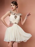 A-Linie/Princess-Linie U-Ausschnitt Ärmellos Perlenstickerei Applikationen Kurz Chiffon Brautjungfernkleider Homecoming Cocktailkleid