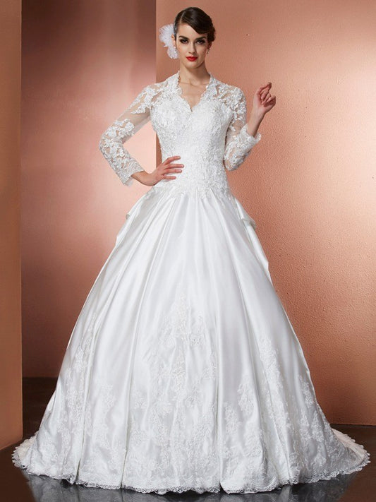A-Line/Princess V-neck Long Sleeves Applique Long Satin Wedding Dresses Bridal Gowns