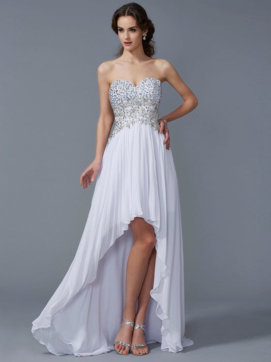Vestido de noche de graduación de gasa con corte A/princesa, escote corazón, sin mangas, con abalorios, corte alto y bajo