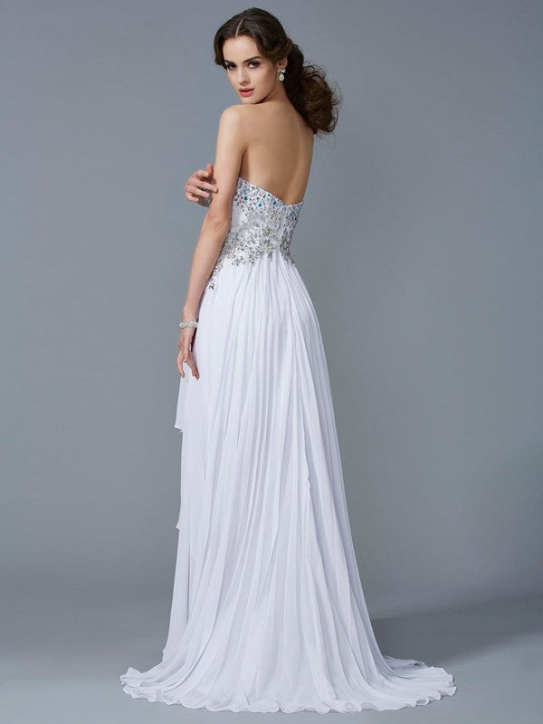 Vestido de noche de graduación de gasa con corte A/princesa, escote corazón, sin mangas, con abalorios, corte alto y bajo
