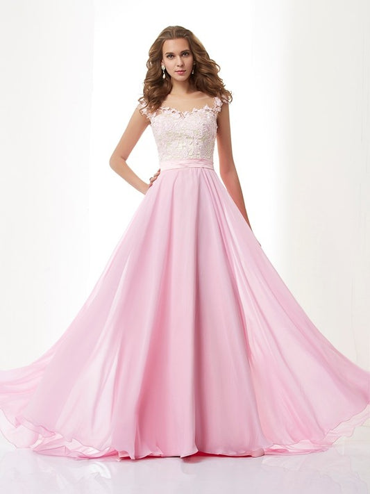 Vestido de noche largo de gasa con tirantes finos, corte A/princesa, apliques, sin mangas y cuentas
