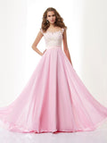 Vestido de noche largo de gasa con tirantes finos, corte A/princesa, apliques, sin mangas y cuentas