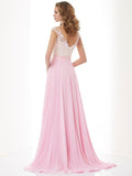 Vestido de noche largo de gasa con tirantes finos, corte A/princesa, apliques, sin mangas y cuentas