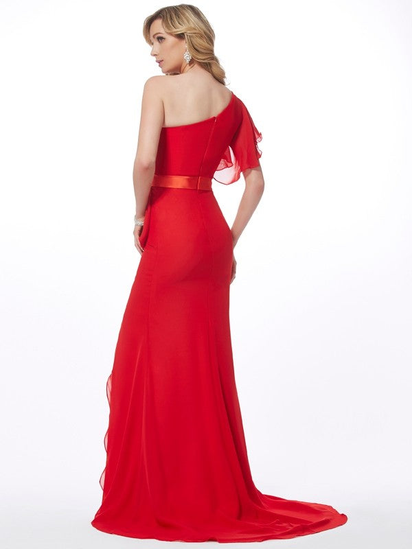 Trompete/Meerjungfrau-Linie One-Shoulder Ärmellos Handgemachte Blume Lange Chiffon Kleider Ball Abendkleid