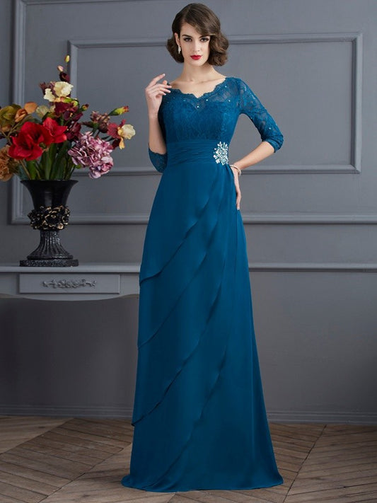 Vestidos largos de gasa para madre de la novia, corte A/princesa, escote en V, mangas 3/4