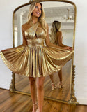 Metallic Fuchsia Halter Keyhole Pleated Short Homecoming Dress