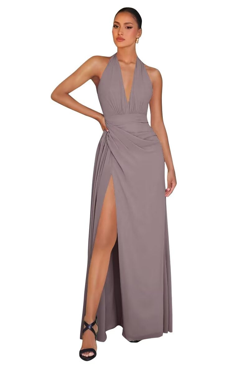 Chiffon Bridesmaid Dresses for Women Long Halter A-line Formal Dress with Slit 2026 Pleated Evening Party Gowns