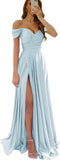 Womens Off Shoulder Prom Evening Dresses Satin Long Formal Wedding Guest Gowns Dress with Slit