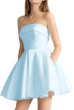 Women's Strapless Satin Short Prom Dresses with Pocket A Line Glitter Homecoming Dress Short Evening Party Ball Gown