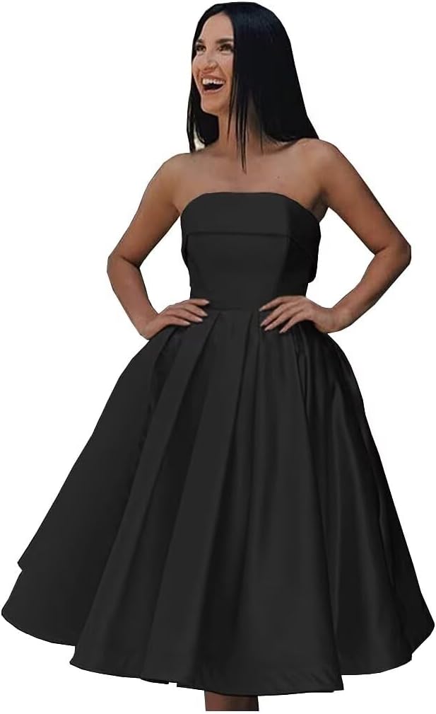Tea Length Satin Cocktail Party Dresses for Women, Strapless Formal Evening Prom Gown Homecoming Graduation Dresses