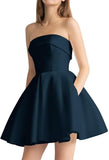 Women's Strapless Satin Short Prom Dresses with Pocket A Line Glitter Homecoming Dress Short Evening Party Ball Gown