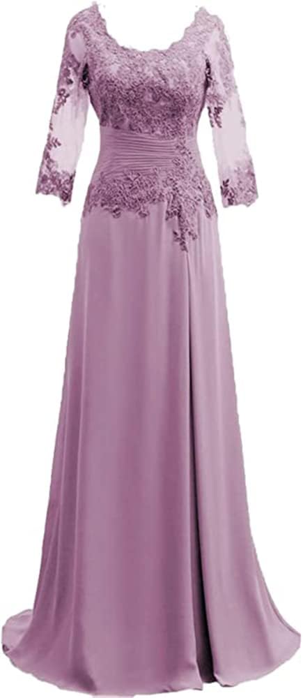 Women's Lace Appliqued Mother of The Bride Dresses 3/4 Sleeves Scoop Long Formal Evening Dress