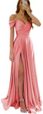 Womens Off Shoulder Prom Evening Dresses Satin Long Formal Wedding Guest Gowns Dress with Slit