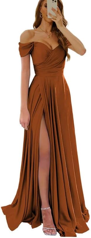 Womens Off Shoulder Prom Evening Dresses Satin Long Formal Wedding Guest Gowns Dress with Slit