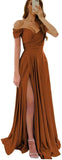 Womens Off Shoulder Prom Evening Dresses Satin Long Formal Wedding Guest Gowns Dress with Slit