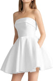 Women's Strapless Satin Short Prom Dresses with Pocket A Line Glitter Homecoming Dress Short Evening Party Ball Gown