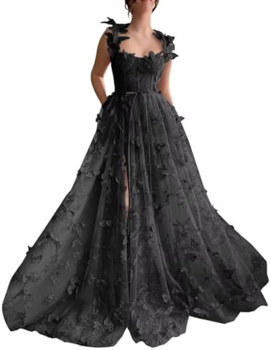 Vestidos de fiesta largos de tul con mariposas 3D para adolescentes, vestidos de fiesta formales de noche bordados con abertura 
