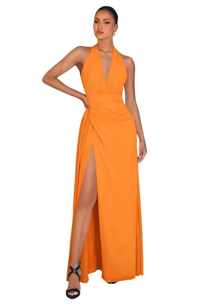 Chiffon Bridesmaid Dresses for Women Long Halter A-line Formal Dress with Slit 2026 Pleated Evening Party Gowns