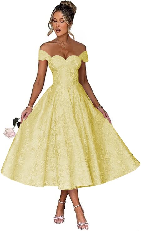 Off Shoulder Tea Length Prom Dress for Women Satin Floral Jacquard A Line Corset Cocktail Dress