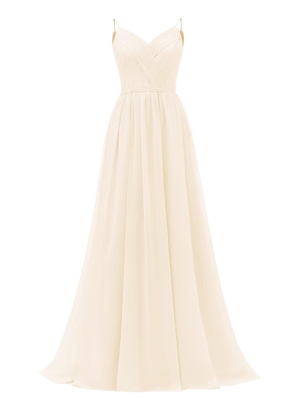 Women's Lace Chiffon Bridesmaid Dresses for Wedding Long Spaghetti Straps Bodice Formal Party Gown with Pockets