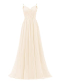 Women's Lace Chiffon Bridesmaid Dresses for Wedding Long Spaghetti Straps Bodice Formal Party Gown with Pockets