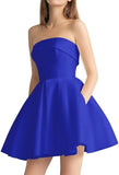 Women's Strapless Satin Short Prom Dresses with Pocket A Line Glitter Homecoming Dress Short Evening Party Ball Gown